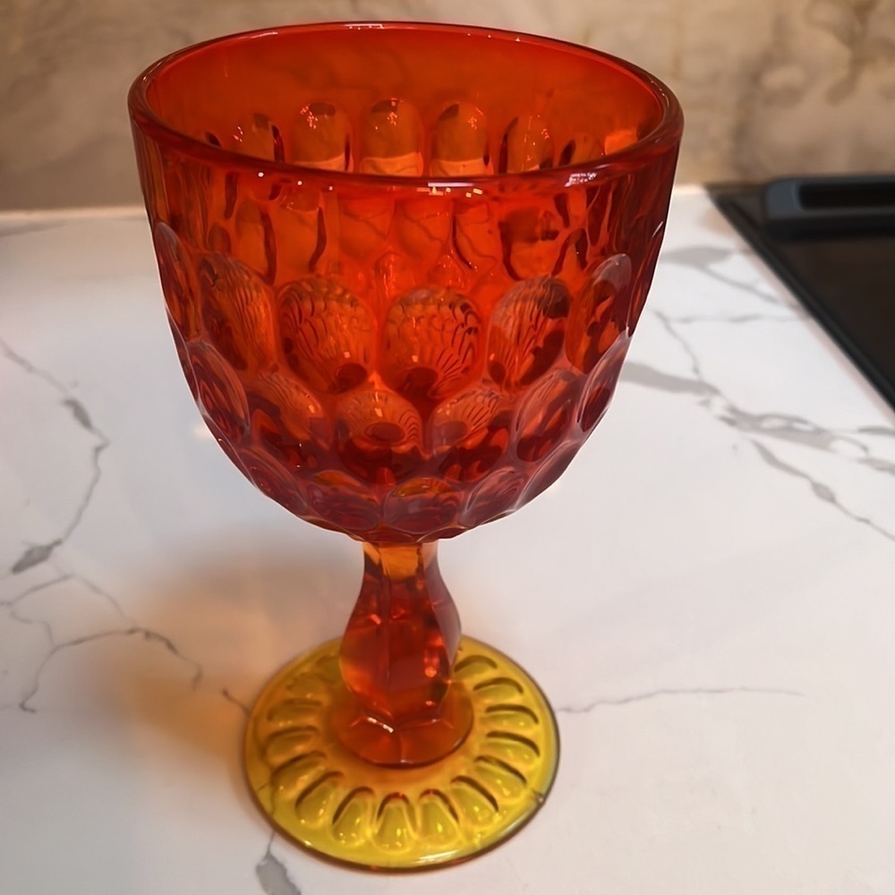 Mid Century 8” Orange Fenton Amberina Swung Thumbprint Goblet Vase